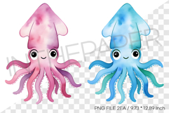 Pink Blue Squid PNG Clipart Summer Ocean Watercolor Illust Product Image 1