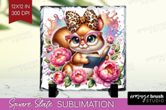 Squirrel Reading Slate PNG Book Lover Square Slate Product Image 1