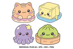 Squishy clipart collection with four cute kawaii characters