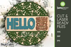 Hello Tiki Mask Tropical Leaves Sign - SVG Laser Cut Files Product Image 2