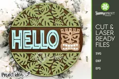 Hello Tiki Mask Tropical Leaves Sign - SVG Laser Cut Files Product Image 1