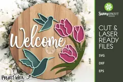 Welcome Hummingbird Tulips Sign - SVG Laser Cut File Product Image 1