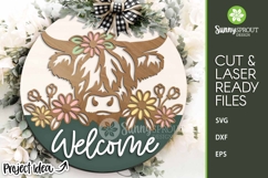 Highland Cow Wildflower Welcome Sign - SVG Laser Cut Files Product Image 1