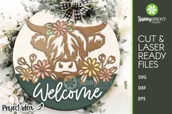 Highland Cow Wildflower Welcome Sign - SVG Laser Cut Files Product Image 1