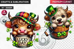 St Patrick Highland cow in bucket Clipart, highland cow PNG Product Image 1