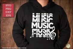 Stacked Mirrored Music SVG being shown on a black sweatshirt 