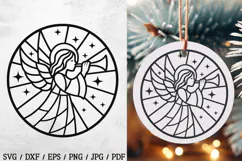 Add celestial charm to your holidays with this stained glass angel Christmas ornament SVG! Featuring an angel with trumpet, window style rays and shining stars—perfect for ornaments, mugs, shirts, cards and festive crafts.