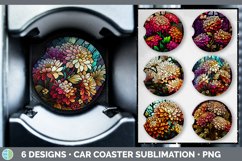 Bundle of six Watercolor Chrysanthemums Car Coaster designs.
