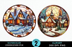 Stained Glass Cozy Winter Houses Artwork Clipart Product Image 1