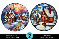 Stained Glass Cozy Winter Houses Artwork Clipart Product Image 1