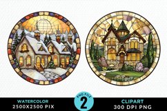 Stained Glass Cozy Winter Houses Exquisite Clipart Product Image 1