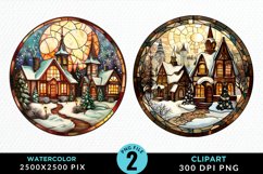 Stained Glass Cozy Winter Houses Artwork Clipart Product Image 1