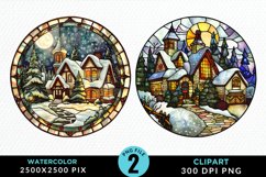 Stained Glass Cozy Winter Houses Artwork Clipart Product Image 1