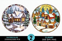 Stained Glass Cozy Winter Houses Artwork Clipart Product Image 1