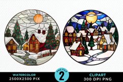 Stained Glass Cozy Winter Houses Artwork Clipart Product Image 1