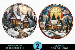 Stained Glass Cozy Winter Houses Artwork Clipart Product Image 1