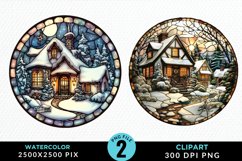 Stained Glass Cozy Winter Houses Artwork Clipart Product Image 1