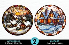 Stained Glass Cozy Winter Houses Artwork Clipart Product Image 1