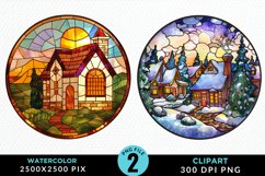 Stained Glass Cozy Winter Houses Artwork Clipart Product Image 1