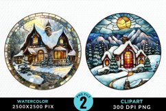 Stained Glass Cozy Winter Houses Artwork Clipart Product Image 1