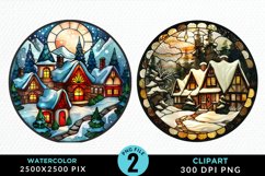 Stained Glass Cozy Winter Houses Artwork Clipart Product Image 1