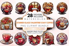 Stained Glass Valentine&#039;s Day Coffee Clipart Bundle Product Image 1