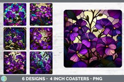 Bundle of six Watercolor Violets Square Coaster designs.