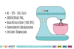 Blue stand mixer clipart with pink mixing bowl and whisk