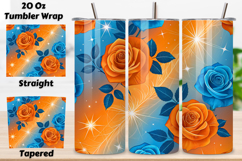 seamless tumbler wrap, starburst rose design, bright floral wrap, orange blue roses, watercolor starburst design, 20oz skinny tumbler, tapered tumbler wrap, straight tumbler design, bright rose art, seamless starburst design