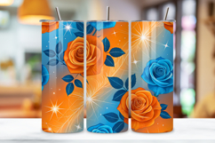 seamless tumbler wrap, starburst rose design, bright floral wrap, orange blue roses, watercolor starburst design, 20oz skinny tumbler, tapered tumbler wrap, straight tumbler design, bright rose art, seamless starburst design