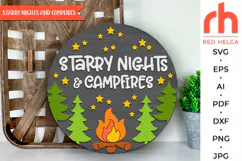 starry night and campfires svg, camper home svg, campfire silhouette, laser cut file, layered sign svg, welcome sign svg, vacation hanger svg, wood forest sign, summer door svg, round hanging sign svg, lake house sign svg, glowforge cut file