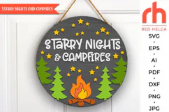 starry night and campfires svg, camper home svg, campfire silhouette, laser cut file, layered sign svg, welcome sign svg, vacation hanger svg, wood forest sign, summer door svg, round hanging sign svg, lake house sign svg, glowforge cut file