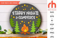 starry night and campfires svg, camper home svg, campfire silhouette, laser cut file, layered sign svg, welcome sign svg, vacation hanger svg, wood forest sign, summer door svg, round hanging sign svg, lake house sign svg, glowforge cut file