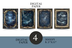 Four celestial digital papers featuring starry skies, constellations, and cosmic patterns framed with vintage ornate borders. Ideal for crafting, journaling, and scrapbooking.