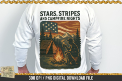 Stars and Stripes and Campfire Nights is a professional design that is available at 300dpi PNG to use for Sublimation, iron-on transfer, DTG Printing and normal printing.