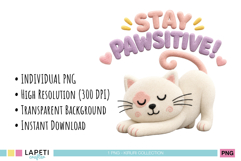 White kitty illustration with pastel positive lettering and transparent background