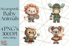 Cute Steampunk Baby Animal Clipart PNG for Printables Product Image 1