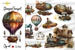 clipart,  bundle,  watercolor,  clip art bundle,  vintage,  scrapbooking,  steampunk,  transport,  train,  airship,