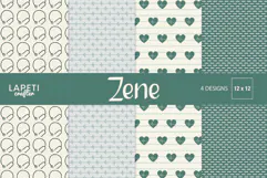 Four medical digital papers with stethoscopes, ECG heartbeat lines, heart graphics and geometric patterns