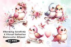 Charming Lovebirds &amp; Floral Valentine Watercolor Clipart Product Image 1