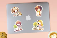 Cute girl and her kitten printable stickers 4. PNG. Product Image 2
