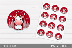 Christmas Cow Sticker Printable. Christmas Round Sticker Product Image 1