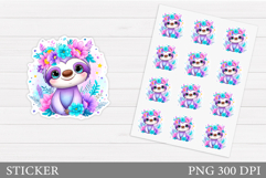 Cute Sloth Sticker Design. Sloth Flowers Sticker Printable Product Image 1