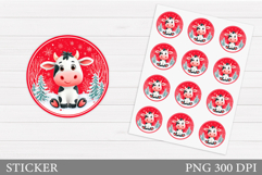 Christmas Cow Sticker Printable. Christmas Round Sticker Product Image 1