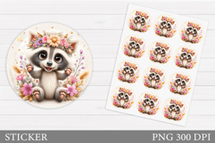 Cute Raccoon Sticker. Raccoon Flowers Sticker Printable Product Image 1