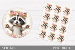 Cute Raccoon Sticker. Raccoon Flowers Sticker Printable Product Image 1
