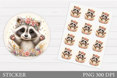 Cute Raccoon Sticker. Raccoon Flowers Sticker Printable Product Image 1