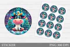 Christmas Cow Sticker Printable. Christmas Round Sticker Product Image 1