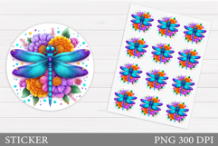 Dragonfly Sticker Template. Flowers Sticker Design Product Image 1