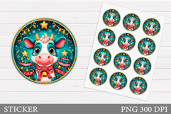 Christmas Cow Sticker Printable. Christmas Round Sticker Product Image 1